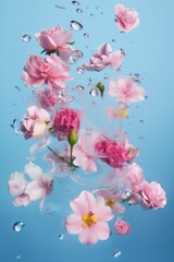 Wall Mural - Underwater creative love concept of fresh Spring flowers in blue water background. Love is in the water, Generative AI.