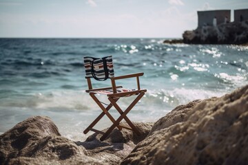 Striped folding chair on sunny, remote ocean island. Generative AI