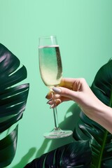Wall Mural - Tropical summer background with fresh green palm leaves, exotic plants. A hand with wine making a toast. Generative AI.