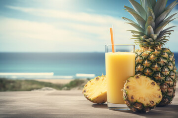 Wall Mural - Pineapple juice on tropical beach abstract background. Drink and summer concept. Generative ai