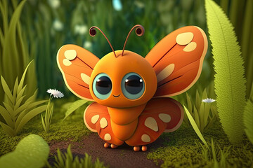 Wall Mural - Cute Cartoon Butterfly in Nature (Generative AI)