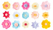 Paper craft flowers design elements cut out on transparent background