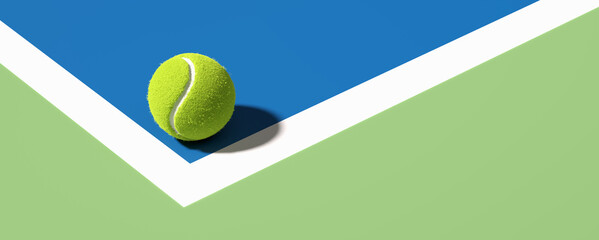 Wall Mural - Tennis ball on the edge of the line on blue tennis court. Abstract 3D rendering.