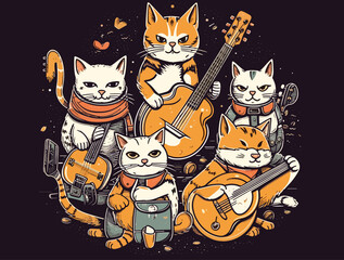 Vector flat illustration of Band of cats playing music instruments