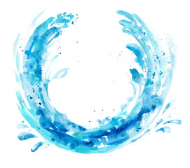  Watercolor sea wave. Water splash in the form of a semicircle on a white background