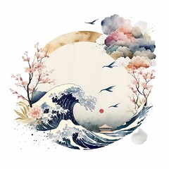 Wall Mural - Japanese Art background and wallpaper in watercolor Illustration. AI Generative 