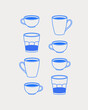 Cups and glasses with coffee. Coffee time composition. Line art, retro. Vector illustration for coffee shops, cafes, and restaurants.