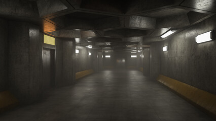 Dark moody futuristic science fiction interior corridor. 3Drendering.
