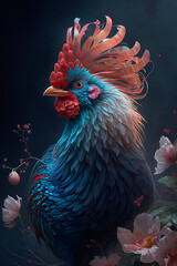 Wall Mural - A rooster with flowers. Generative AI