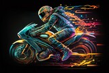 Motocykle Rider Illustration Bright Colors Futuristic on Black 