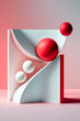 © ADDICTIVE STOCK - Generative AI illustration of flying white and red smooth spheres on wavy abstract pink forms in corner near wall