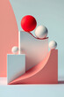 © ADDICTIVE STOCK - Generative AI illustration of flying white and red smooth spheres on wavy abstract pink forms in corner near wall