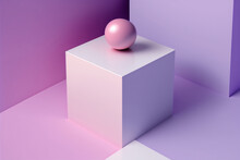 Generative AI Illustration Of Colorful Geometric Shapes Of White Spheres On Square Form On Pink Floor Against Violet Background