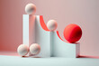 © ADDICTIVE STOCK - Generative AI illustration of flying white and red smooth spheres on wavy abstract pink forms in corner near wall