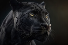 Generative AI Image Of Powerful Black Panther With Green Eyes Looking Away On Dark Background