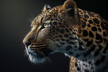 Generative AI Image Of Powerful Leopard With Black Spots On Orange Fur And Green Eyes Looking Away On Black Background