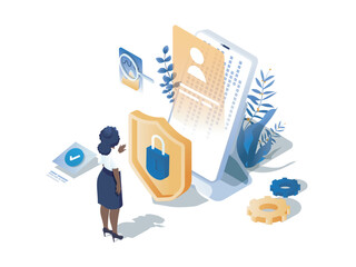 Wall Mural - fraud protection concept 3d isometric web scene. people protecting from hacker and internet data phi
