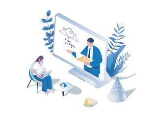 Poster - Video lesson concept 3d isometric web scene. People learning online and listening teacher at webinar, studin remotely at educational platform site. Vector illustration in isometry graphic design