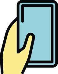 Sticker - Using mobile icon outline vector. Phone device. Hand touch color flat