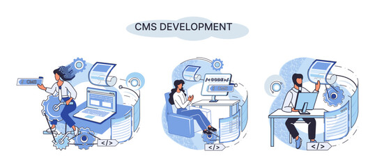 Wall Mural - digital content management system, cms development software metaphor. information system or computer