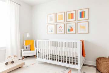 Wall Mural - Modern minimalist nursery room in scandinavian style. Baby room interior in light colours, AI generated image