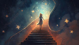 Fototapeta Kosmos - Young woman standing on a fantasy staircase reaching the stars in the sky. illustration painting
