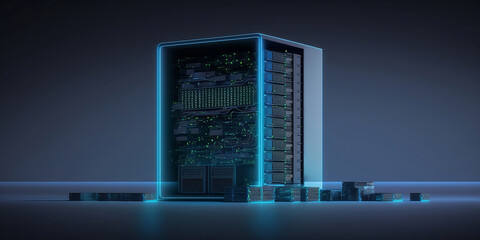 Server computer background. Blue and black colors.