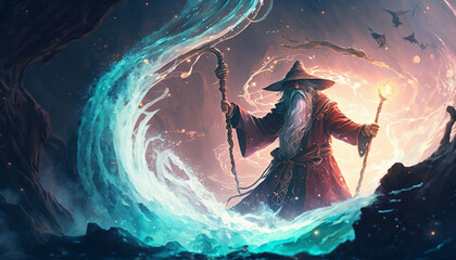 Wizard conjure up a huge water vortex in the background. Digital illustration.