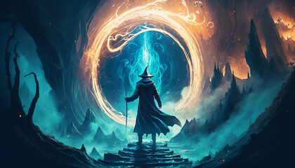 Wizard in front of a vortex created with a water and fire spell. Digital art style.