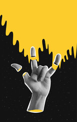 Wall Mural - Collage banner with halftone effect hand with gesture Rock. Ripped off fingers and sweat. Textured background with abstract space and stars. Psychedelic poster. New Wave. Punk
