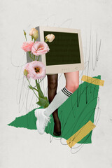 Sticker - Creative retro 3d magazine collage image of vintage computer monitor walking lady slim legs isolated painting background