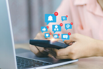 Wall Mural - Social media technology concept, man hand using smartphone Login to the online network Use social media to do business and marketing payment from home through the Internet.