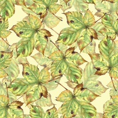  Watercolor autumn chestnut leaves on milk background. Seamless pattern for wallpapers.