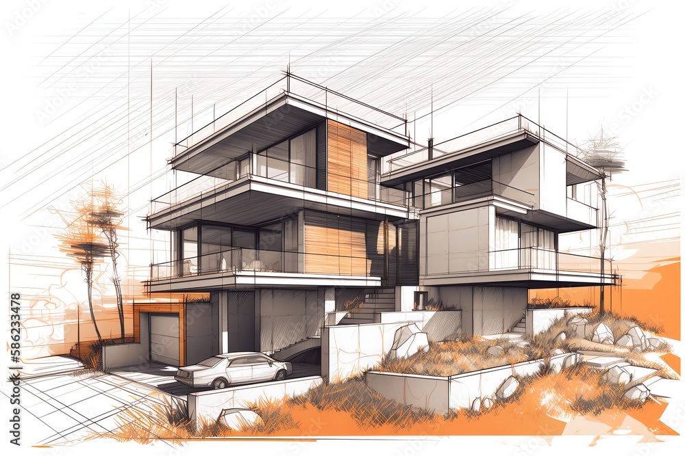 Villa Scetch Sketch of modern cozy villa house on the white background. Design ...
