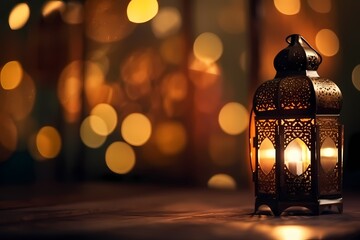 Wall Mural - Ramadan kareem Lantern with Colorful Light Glowing at Night with Bokeh Lights, Ornamental Arabic lantern , generative ai