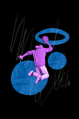 Sticker - Exclusive magazine picture sketch collage image of cool hipster guy jumping playing basketball isolated painting background