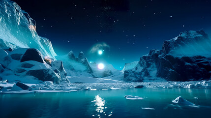 Wall Mural - aurora borealis green northern lights above mountains. night sky with polar lights. night winter lan
