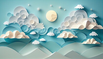 Wall Mural - Cloudscape blue sky with clouds and sun paper art