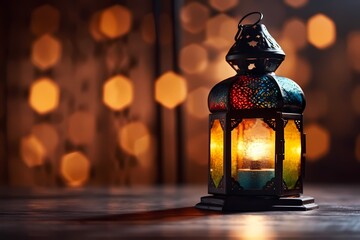 Wall Mural - Ramadan kareem Lantern with Colorful Light Glowing at Night and Glittering with Bokeh Lights, Ornamental Arabic lantern with burning candle, generative ai