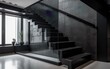 Modern, elegant black cement stone stair, corridor with window, tempered glass panel, stainless steel handrail in polished concrete wall hall, epoxide floor. Interior background 3D, Generative AI, AI