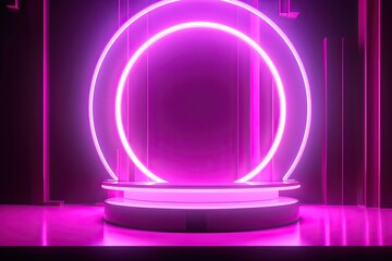 Sticker - 3d cylinder stand or podium in Sci-fi dark abstract room with illuminate circles neon lamp and shiny glitter in window. 3d rendering product display. Futuristic minimal scene. Generative Ai.