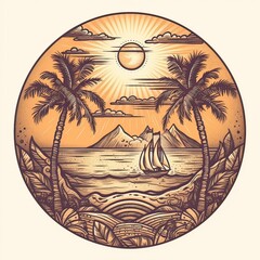 Wall Mural - illustration of Tropical landscape with palm trees, ocean and mountain. Cartoon flat panoramic landscape, sunset with the palms art retro style illustration. Generative Ai.