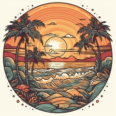 Wall Mural - illustration of Tropical landscape with palm trees, ocean and mountain. Cartoon flat panoramic landscape, sunset with the palms art retro style illustration. Generative Ai.