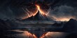 Volcanic eruption, lava and ash ejection into the sky, panorama, magma flows