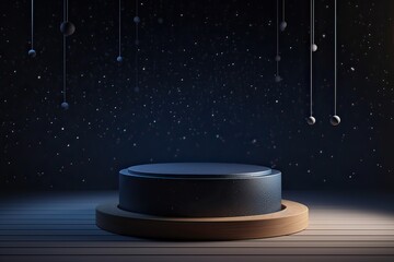 platform and Natural podium background on the night with starry night sky for product display, Blank showcase, mock up template or cosmetic presentation. Generative Ai.