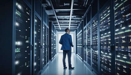 Engineer manager connecting data center on global networking in server room of storage systems and connect of data on internet network business