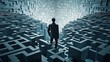 © Kowit - Rearview the businessman walking toward to concrete Maze. Businessman in front of a vast maze. Business and life concept. Generative Ai.
