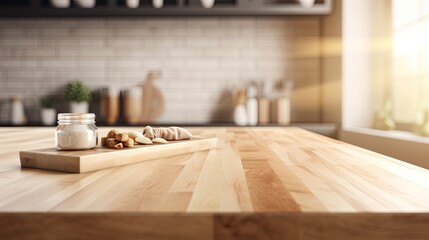 Sticker - Bright Empty Light Wood Table on Blurred New Kitchen Background - Modern Wooden Table Mockup for Montage Product Display, Generative AI