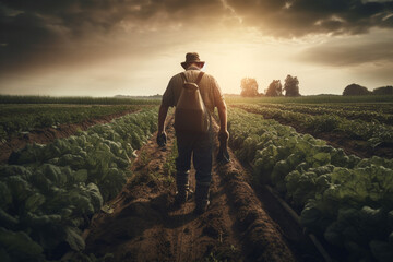 Wall Mural - farmer man on field in nature farm or food agriculture industry management in sunshine countryside generative AI