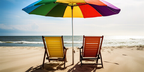 Beautiful beach banner. White sand, chairs and umbrella travel tourism wide panorama background concept. Amazing beach landscape